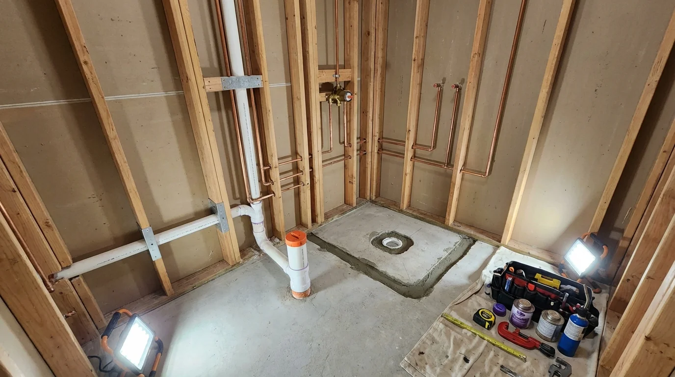 Bathroom rough-in plumbing during remodel by Johns Plumbing LLC in Trumansburg