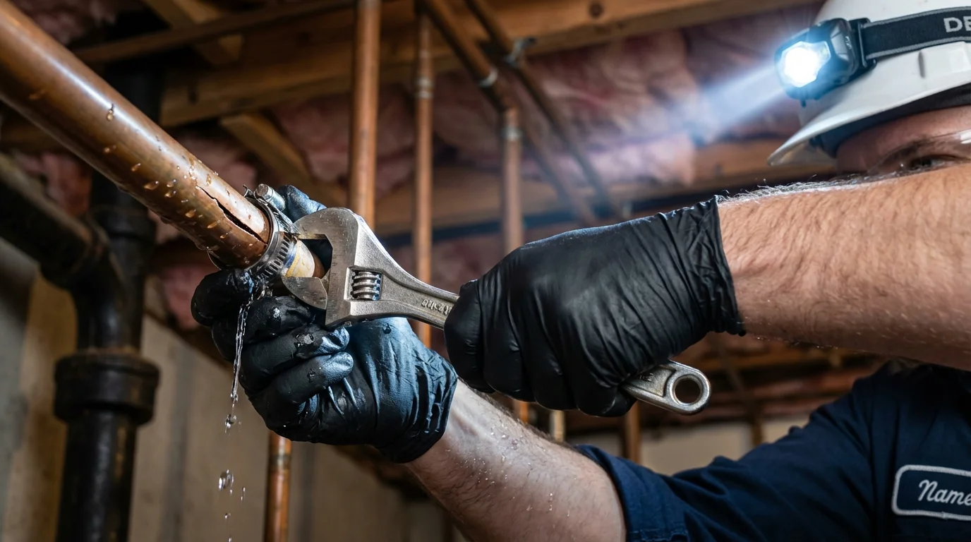 Emergency pipe clamp repair being performed by a Johns Plumbing LLC plumber in Trumansburg