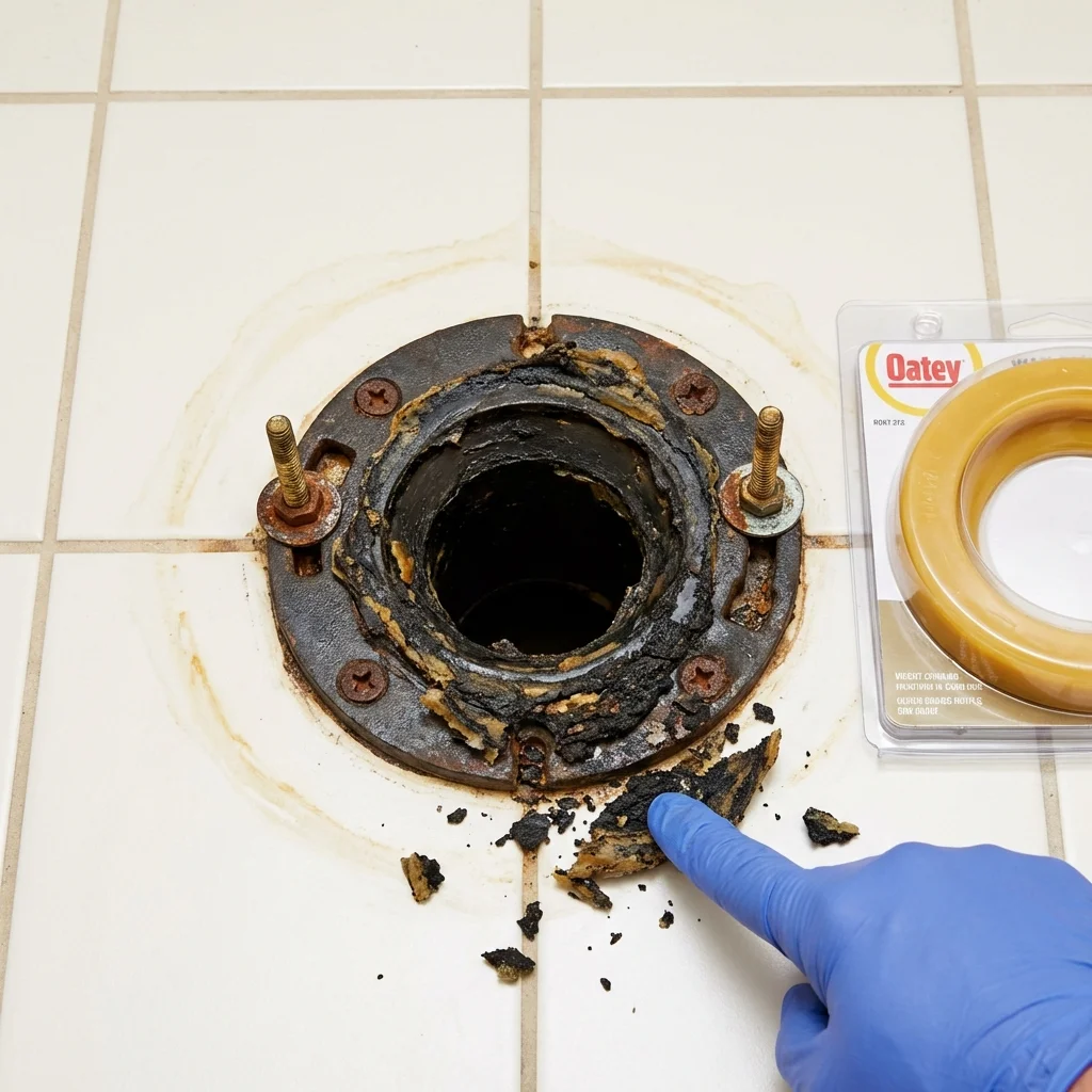Failed wax ring showing water seepage at the base of a toilet in a Trumansburg, NY home