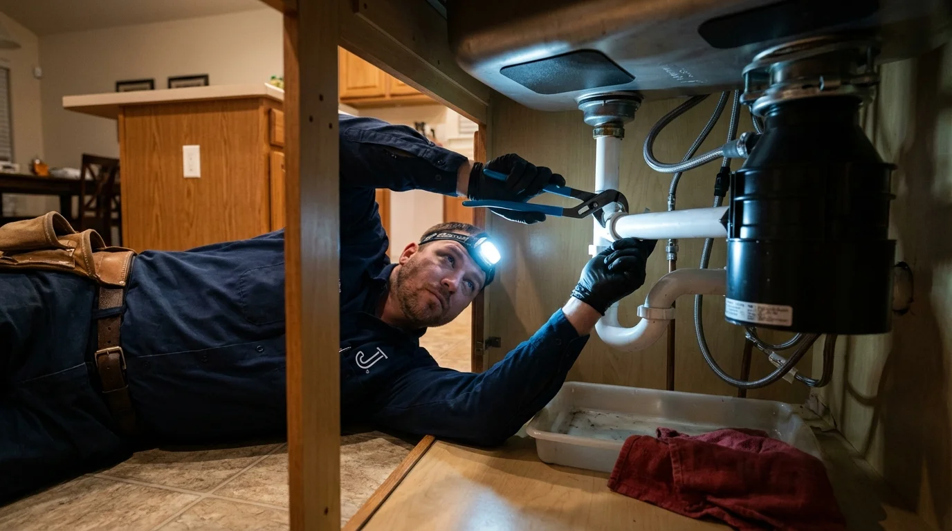 P-trap and supply line connections under a kitchen sink showing a common leak point in Trumansburg, NY